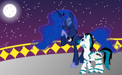 Size: 1298x800 | Tagged: safe, artist:zombietator, imported from derpibooru, princess luna, oc, alicorn, pony, zebra, zebracorn, alicorn oc, ethereal mane, eyes closed, female, full moon, hoof shoes, horn, male, mare, moon, night, outdoors, smiling, stallion, starry mane, stars, wings, zebra oc