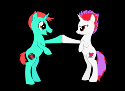 Size: 1503x1091 | Tagged: safe, artist:zombietator, imported from derpibooru, oc, oc only, pony, unicorn, bipedal, black background, duo, female, hoofbump, horn, male, mare, simple background, stallion, unicorn oc