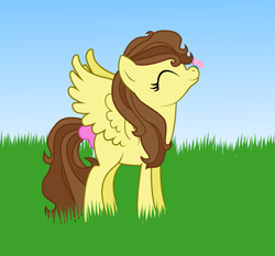 Size: 1217x1133 | Tagged: safe, artist:zombietator, imported from derpibooru, oc, oc only, butterfly, pegasus, pony, eyelashes, female, mare, outdoors, pegasus oc, smiling, solo, wings