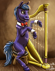 Size: 1024x1326 | Tagged: safe, artist:amalgamzaku, imported from derpibooru, parish nandermane, earth pony, pony, harp, hoers, male, musical instrument, sitting, solo, stallion