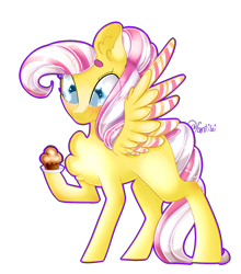 Size: 1532x1741 | Tagged: safe, artist:fantisai, imported from derpibooru, oc, oc only, pegasus, pony, blushing, cupcake, food, pegasus oc, raised hoof, signature, simple background, solo, transparent background, wings