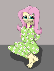 Size: 1376x1816 | Tagged: safe, artist:splendidbondage, imported from derpibooru, fluttershy, equestria girls, ankle tied, arm behind back, barefoot, bondage, bound and gagged, bound wrists, cloth gag, clothes, feet, female, fetish, foot fetish, gag, pajamas, soles, solo, tied up, toes