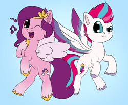 Size: 814x672 | Tagged: safe, artist:puppyhowler, imported from derpibooru, pipp petals, zipp storm, pegasus, pony, spoiler:my little pony: a new generation, adorapipp, adorazipp, cute, duo, female, g5, my little pony: a new generation, one eye closed, royal sisters (g5), siblings, simple background, singing, sisters