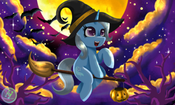 Size: 2000x1200 | Tagged: safe, artist:julie25609, imported from derpibooru, trixie, pony, unicorn, luna eclipsed, broom, cloud, cute, cutie mark, diatrixes, eyelashes, female, flying, flying broomstick, hat, horn, mare, moon, nightmare night, solo, stars, tail, witch hat