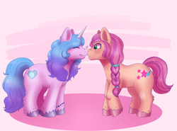 Size: 2700x2000 | Tagged: safe, artist:littlesatyr, imported from derpibooru, izzy moonbow, sunny starscout, earth pony, pony, unicorn, spoiler:my little pony: a new generation, cute, duo, female, g5, heart, high res, izzyscout, lesbian, my little pony: a new generation, shipping