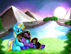 Size: 1280x970 | Tagged: safe, artist:appleneedle, imported from derpibooru, oc, alicorn, pegasus, pony, commission, family, hill, love, nature, river, scenery, siblings, sun, tree