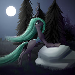 Size: 2000x2000 | Tagged: dead source, safe, artist:twobestfriendsstudio, imported from derpibooru, queen chrysalis, changeling, changeling queen, pony, female, forest, high res, moon, night, rock, solo, tree