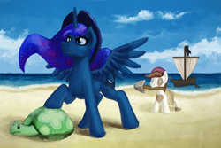 Size: 1600x1068 | Tagged: safe, artist:sa1ntmax, imported from derpibooru, pipsqueak, princess luna, tank, alicorn, earth pony, pony, beach, boat, colt, female, hat, male, pirate, shovel