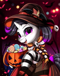 Size: 2550x3209 | Tagged: safe, alternate version, artist:pridark, imported from derpibooru, part of a set, oc, oc only, oc:hazel radiate, pony, unicorn, alternate character, bow, candy, clothes, commission, commissioner:biohazard, costume, eyebrows, eyelashes, female, food, halloween, halloween costume, hat, high res, highlights, holiday, horn, open mouth, open smile, ponytail, pumpkin bucket, purple eyes, smiling, socks, solo, striped socks, tail, tail bow, teeth, unicorn oc, witch hat, ych result