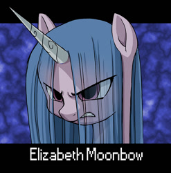 Size: 724x734 | Tagged: safe, artist:uotapo, imported from derpibooru, izzy moonbow, pony, unicorn, spoiler:g5, spoiler:my little pony: a new generation, alternate hairstyle, angry, creepypasta, elizabeth moonbow, eye clipping through hair, female, g5, isabelle moonbow, izzy moodbow, my little pony: a new generation, oh no, solo, text, this will end in death, this will end in tears, this will end in tears and/or death