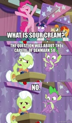 Size: 800x1350 | Tagged: safe, edit, edited screencap, imported from derpibooru, screencap, cranky doodle donkey, granny smith, pinkie pie, spike, sunburst, twilight sparkle, a trivial pursuit, season 9, caption, image macro, jellystone, text