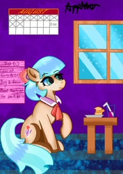 Size: 1240x1754 | Tagged: safe, artist:nanofam, imported from derpibooru, coco pommel, earth pony, pony, burger, calendar, female, food, hay burger, solo, window