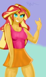 Size: 900x1500 | Tagged: safe, artist:nanofam, imported from derpibooru, sunset shimmer, equestria girls, clothes, devil horn (gesture), female, grin, sleeveless, smiling, solo