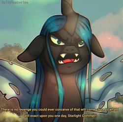 Size: 1077x1073 | Tagged: safe, artist:saltytangerine, imported from derpibooru, queen chrysalis, changeling, changeling queen, to where and back again, angry, caption, female, former queen chrysalis, revenge, scene interpretation, solo, text