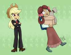 Size: 3300x2550 | Tagged: safe, artist:bageloftime, imported from derpibooru, part of a set, applejack, yona, equestria girls, ponies of dark water, applejerk, business suit, carrying, clothes, commission, donaldjack, duo, duo female, equestria girls-ified, female, foot tapping, high res, open mouth, red eyes, signature, struggling, suit