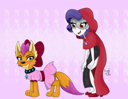 Size: 3300x2550 | Tagged: safe, artist:bageloftime, imported from derpibooru, part of a set, rarity, smolder, dog, equestria girls, ponies of dark water, annoyed, blushing, bow, cloak, clothes, collar, commission, cross-popping veins, doctor doomity, dogified, dress, duo, duo female, equestria girls-ified, female, frown, high res, hood, mask, open mouth, open smile, red eyes, signature, slit pupils, smiling, smolder the dog, species swap, tsundere
