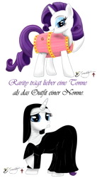 Size: 703x1280 | Tagged: safe, artist:smilodonkahn, imported from derpibooru, rarity, pony, unicorn, barrel, female, german, grin, nun, pouting, sad, simple background, smiling, solo, transparent background, wearing barrel