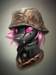 Size: 1500x2000 | Tagged: safe, artist:richmay, imported from derpibooru, oc, oc only, changeling, equestria at war mod, bust, camouflage, changeling oc, clothes, female, german, helmet, markings, military, military uniform, pink changeling, solo, uniform, war, world war ii