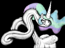 Size: 2880x2133 | Tagged: safe, artist:greatspacebeaver, imported from derpibooru, princess celestia, alicorn, pony, abomination, are you frustrated?, creepy, crossing the memes, cyriak, female, high res, impossibly long neck, long neck, meme, not salmon, princess necklestia, simple background, solo, swanlestia, wat