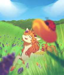Size: 2575x3000 | Tagged: safe, artist:lindenlapot, imported from derpibooru, oc, oc only, insect, ladybug, pony, unicorn, female, field, high res, meadow, solo