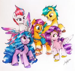 Size: 2625x2503 | Tagged: safe, artist:liaaqila, imported from derpibooru, hitch trailblazer, izzy moonbow, pipp petals, sunny starscout, zipp storm, earth pony, pegasus, pony, unicorn, spoiler:my little pony: a new generation, adorapipp, adorazipp, bracelet, colored hooves, colored horn, colored wings, cute, female, g5, high res, hitchbetes, horn, izzybetes, jewelry, male, mane five (g5), mare, my little pony: a new generation, open mouth, open smile, shoulder bag, simple background, smiling, spread wings, stallion, sunnybetes, traditional art, unshorn fetlocks, watercolor painting, white background, wings