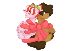 Size: 1280x854 | Tagged: safe, artist:itstechtock, imported from derpibooru, oc, oc only, oc:confeti surprise, oc:sweet tooth, earth pony, pony, bow, colt, female, filly, male, offspring, parent:cheese sandwich, parent:pinkie pie, parents:cheesepie, ribbon, siblings, simple background, transparent background