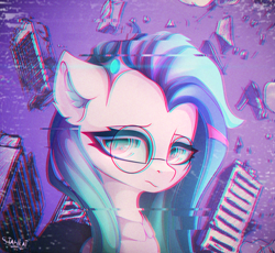 Size: 3258x3000 | Tagged: safe, artist:stahlkat, imported from derpibooru, oc, oc only, pony, bust, chromatic aberration, ear fluff, error, female, glasses, glitch, hair accessory, high res, looking at you, portrait, round glasses, solo, three quarter view