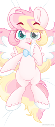 Size: 1170x2716 | Tagged: safe, artist:ninnydraws, imported from derpibooru, oc, oc only, oc:ninny, pegasus, pony, bed, blushing, body pillow, body pillow design, bowtie, eyebrows, heart, heart eyes, looking at you, lying down, lying on bed, on back, on bed, solo, wingding eyes