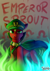 Size: 2894x4093 | Tagged: safe, artist:julunis14, imported from derpibooru, sprout cloverleaf, earth pony, pony, spoiler:g5, spoiler:my little pony: a new generation, emperor, emperor sprout, fire, g5, graffiti, looking at you, magic, male, my little pony: a new generation, solo, stallion