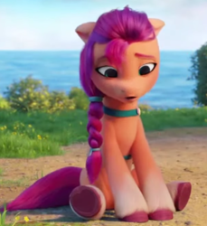 Size: 411x448 | Tagged: safe, imported from derpibooru, screencap, sunny starscout, earth pony, pony, spoiler:my little pony: a new generation, 3d, braid, cropped, eyebrows, female, floppy ears, g5, grass, mare, my little pony: a new generation, ocean, outdoors, shadow, sitting, solo, underhoof, unshorn fetlocks