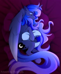 Size: 3413x4096 | Tagged: safe, artist:buvanybu, imported from derpibooru, princess luna, alicorn, pony, crescent moon, eyes closed, female, mare, moon, pillow, profile, sleeping, solo