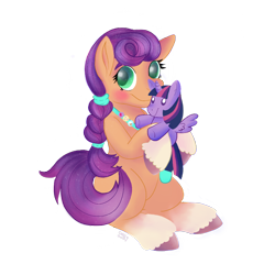 Size: 886x886 | Tagged: safe, artist:therainbowtroll, imported from derpibooru, sunny starscout, twilight sparkle, alicorn, earth pony, pony, spoiler:my little pony: a new generation, blushing, braided ponytail, cute, female, g5, looking at you, mare, my little pony: a new generation, plushie, simple background, smiling, smiling at you, solo, sunnybetes, transparent background, twilight sparkle (alicorn), twilight sparkle plushie, unshorn fetlocks, weapons-grade cute