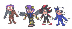 Size: 1280x529 | Tagged: safe, artist:spaton37, imported from derpibooru, trixie, human, angel, angelic wings, clothes, cosplay, costume, crossover, dark pit, humanized, jetstream sam, jewelpet, kid icarus, luea, shadow the hedgehog, sonic the hedgehog (series), traditional art, wings
