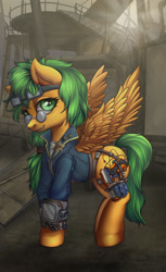 Size: 1191x1950 | Tagged: safe, artist:leastways, imported from derpibooru, oc, oc only, oc:atom smasher, pegasus, pony, fallout equestria, commission, complex background, glasses, gun, handgun, nerf gun, pipbuck, pistol, solo