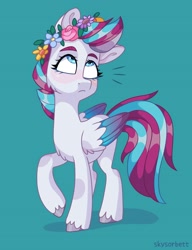 Size: 1571x2048 | Tagged: safe, artist:skysorbett, imported from derpibooru, zipp storm, pegasus, pony, spoiler:my little pony: a new generation, adorazipp, cheek fluff, chest fluff, cute, female, floral head wreath, flower, g5, mare, my little pony: a new generation, simple background, solo, teal background