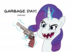 Size: 1893x1394 | Tagged: safe, artist:velgarn, imported from derpibooru, rarity, pony, unicorn, spoiler:my little pony: a new generation, darling, evil, evil laugh, evil rarity, female, g5, garbage day, gun, handgun, laughing, levitation, magic, magic aura, mare, my little pony: a new generation, possessed, revolver, sharp teeth, silent night deadly night, simple background, solo, teeth, telekinesis, this will not end well, weapon, white background