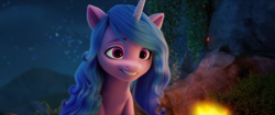 Size: 1366x572 | Tagged: safe, imported from derpibooru, screencap, izzy moonbow, pony, unicorn, spoiler:my little pony: a new generation, 3d, campfire, female, g5, my little pony: a new generation, night, png, smiling, solo, wood fire