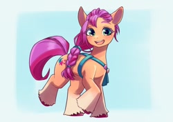 Size: 1020x724 | Tagged: safe, artist:unousaya, imported from derpibooru, sunny starscout, earth pony, pony, spoiler:my little pony: a new generation, bag, cute, female, g5, mare, my little pony: a new generation, open mouth, saddle bag, solo, sunnybetes