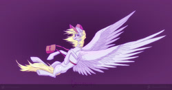 Size: 3000x1569 | Tagged: safe, artist:ajax, artist:ajaxorsomething, artist:willdrawhere, imported from derpibooru, derpy hooves, ditzy doo, pegasus, pony, flying, food, muffin, post ponies, solo