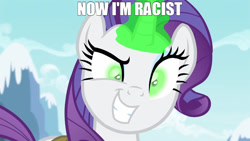 Size: 1280x720 | Tagged: safe, edit, edited screencap, imported from derpibooru, screencap, rarity, pony, unicorn, inspiration manifestation, season 4, deranged, evil grin, g4, glowing, glowing eyes, glowing horn, green eyes, grin, horn, inspirarity, possessed, racism, racisty, rarity is a based bitch, shitposting, smiling