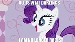 Size: 1280x721 | Tagged: safe, edit, edited screencap, imported from derpibooru, screencap, rarity, pony, unicorn, all is well, g4, happy, happy ending, racism, racisty, shitposting, smiling, solo