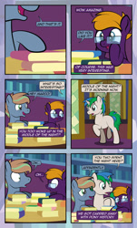 Size: 1920x3169 | Tagged: safe, artist:alexdti, imported from derpibooru, oc, oc only, oc:brainstorm (alexdti), oc:star logic, pegasus, pony, unicorn, comic:quest for friendship, comic, female, glasses, male, open mouth, trio, twilight's castle