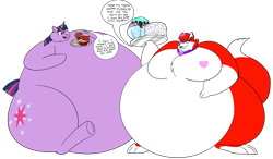 Size: 2844x1664 | Tagged: safe, artist:pix-a-roo, imported from derpibooru, twilight sparkle, oc, oc:red velvet, anthro, fox, pony, unicorn, belly, big belly, big breasts, bingo wings, blushing, breasts, cake, canon x oc, chubby cheeks, dessert, dialogue, fat, food, furry, furry oc, huge belly, huge breasts, ice cream, impossibly large belly, milkshake, obese, pie, red, speech bubble, stuffing, twilard sparkle, underhoof