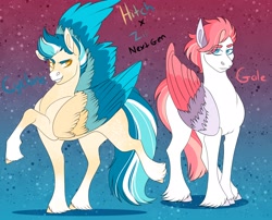 Size: 2510x2026 | Tagged: safe, artist:inisealga, imported from derpibooru, oc, oc only, oc:cyclone, oc:gale, pegasus, pony, spoiler:g5, spoiler:my little pony: a new generation, abstract background, brother and sister, coat markings, facial markings, female, folded wings, g5, gradient background, high res, male, mare, markings, my little pony: a new generation, next generation, offspring, parent:hitch trailblazer, parent:zipp storm, parents:hitchzipp, pegasus oc, siblings, socks (coat markings), spread wings, stallion, text, twins, wings