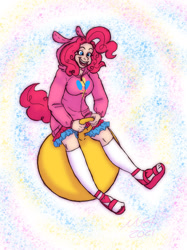 Size: 1024x1366 | Tagged: safe, artist:mizzgenk, imported from derpibooru, pinkie pie, human, ball, bouncy ball, clothes, hoodie, humanized, open mouth, open smile, sandals, smiling, socks, solo, space hopper