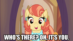 Size: 1280x720 | Tagged: safe, edit, edited screencap, imported from derpibooru, screencap, aunt holiday, earth pony, pony, the last crusade, caption, female, image macro, mare, meme, solo, text