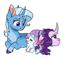 Size: 1850x1712 | Tagged: safe, artist:moccabliss, imported from derpibooru, potion nova, starlight glimmer, trixie, pony, baby, baby pony, colored hooves, curved horn, horn, magical lesbian spawn, offspring, parent:starlight glimmer, parent:trixie, parents:startrix, simple background, unshorn fetlocks, white background