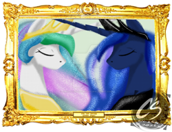 Size: 1024x792 | Tagged: safe, alternate version, artist:adhiguna, artist:johnathon-matthews, imported from derpibooru, princess celestia, princess luna, alicorn, deviantart watermark, digital painting, frame, obtrusive watermark, painting, picture frame, simple background, transparent background, watermark