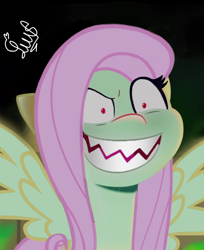 Size: 664x813 | Tagged: safe, artist:flutteryaylove, edit, edited edit, imported from derpibooru, fluttershy, pony, .mov, shed.mov, spoiler:my little pony: a new generation, evil fluttershy, evil grin, evil rarity, fluttershed, g5, grin, jaws (james bond), my little pony: a new generation, possessed, smiling, solo, sproutity