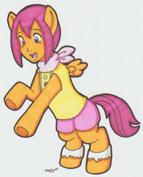 Size: 672x827 | Tagged: safe, artist:cqmorrell, imported from derpibooru, scootaloo, human, pegasus, pony, character to character, clothes, digimon, female, happy, human to pony, kari kamiya, mid-transformation, open mouth, open smile, scarf, shirt, shorts, signature, simple background, smiling, socks, solo, traditional art, transformation, underhoof, white background